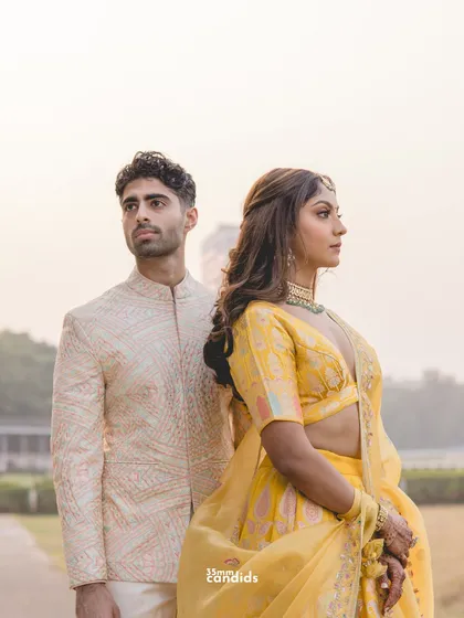 Of fate that whispered, timing that aligned, and a love that spoke louder than words. A classic, beautifully composed portrait from an outdoor pre-wedding session, capturing a moment of quiet connection.