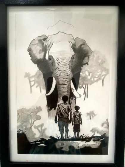 An emotional and powerful composition of a boy and an elephant, sketched by one of our students.