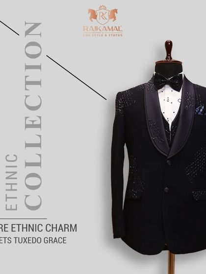 This graphic emphasizes the fusion of ethnic charm and tuxedo grace. The featured tuxedo has a distinct pattern on the lapel, perfect for making a statement.