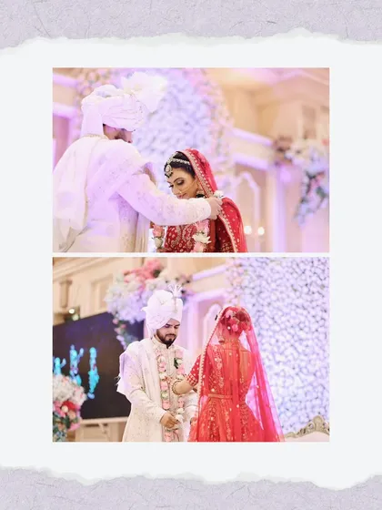 Two moments from the varmala ceremony, a pivotal part of the wedding. The makeup is designed to be tear-proof and long-lasting.
