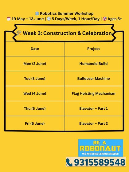 Week 3 of our Robotics Summer Workshop for ages 5+ is Construction and Celebration week, featuring humanoids, bulldozers, and elevators.