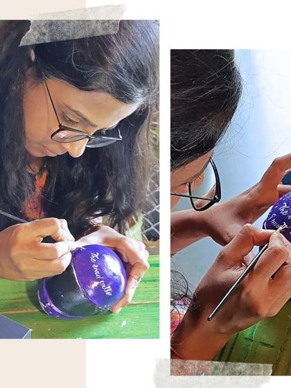 A collage showing me painting miniature helmets at a Royal Enfield event. This was a fun, hands-on activity to promote helmet safety in a creative way.