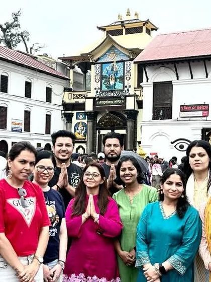 Our retreat group at the Pashupatinath Temple in Nepal. We explore sacred sites as one family.