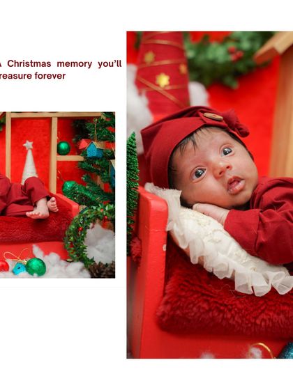 A collage from a Christmas-themed newborn shoot. The baby's awake and curious expressions are just as precious as the sleepy ones.