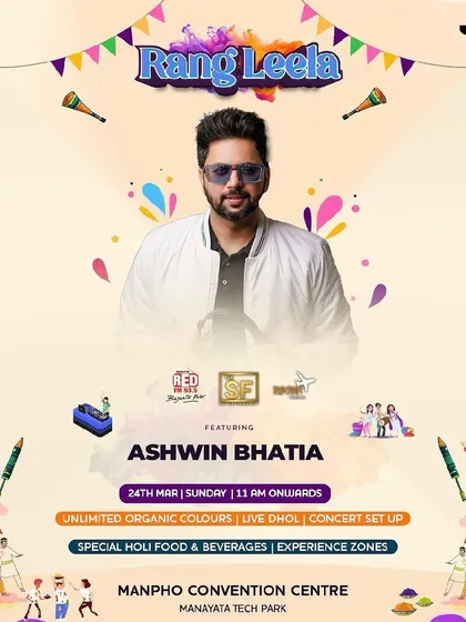 Another poster for the Rang Leela Holi event. It's all about bringing people together with unlimited organic colors, live dhol, and a massive concert setup.