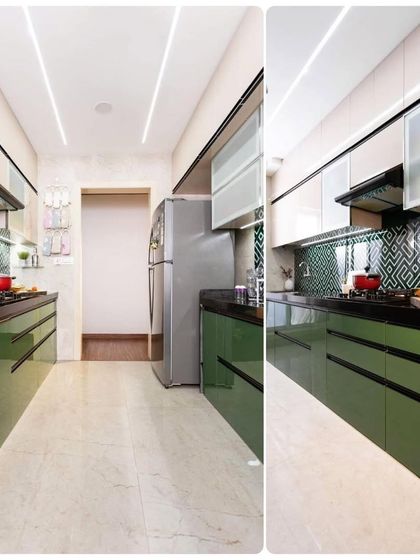 This parallel kitchen uses a bold green high-gloss laminate for the base cabinets. The patterned backsplash tiles and profile lighting under the upper cabinets add layers of texture and light.