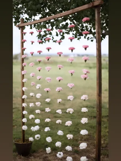 An ombre string of carnations hanging from a wooden frame. This makes for a beautiful and simple photo backdrop for an outdoor event.