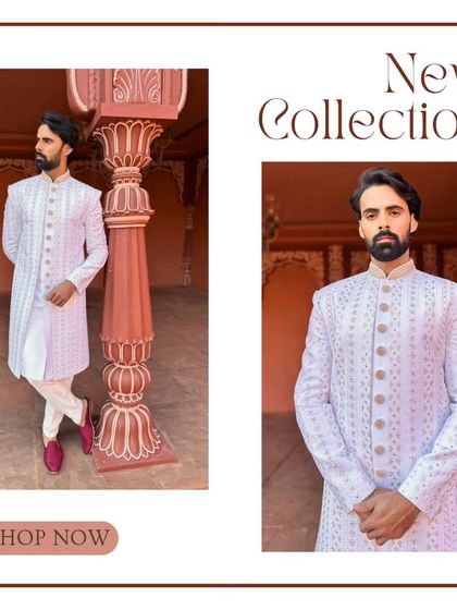 A "Shop Now" graphic featuring a beautiful white sherwani with subtle gold embroidery.