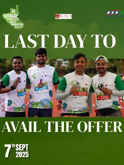 Last day alert. Don't miss your chance to be part of the Kodagu Monsoon Half Marathon. Avail the offer before it ends today.