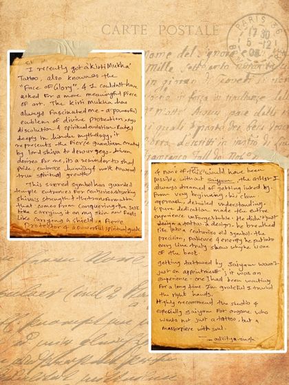 Aditya's handwritten testimonial about his Kirti Mukha tattoo, calling it a "masterpiece with a soul" and praising the artist's dedication.