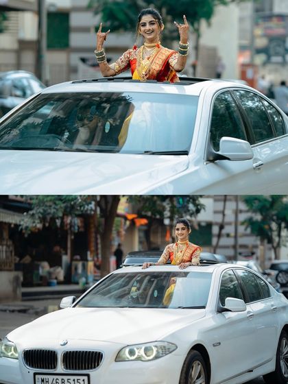 A modern 'navri' with a twist. The bride pops out of the sunroof of her car, full of energy and excitement, ready for her big day.