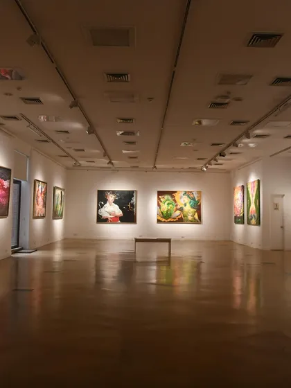 Another view of the gallery space, showing how the different paintings create a visual dialogue with each other.