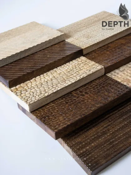You have to feel it to believe it. This is a sample of my 'Depth' collection, showcasing a variety of real wood textures from leather and pixel to ribbed and woven patterns, each with a distinct tactile quality.