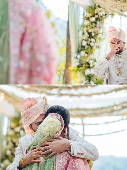 A powerful collage showing the groom's emotional reaction upon seeing his bride and their subsequent heartfelt embrace.