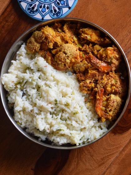 Prawns Rawa Fry with Coconut Rice. I believe food pairings are made in heaven, and this combination of crispy fried prawns and fragrant coconut rice is a match made in my kitchen.