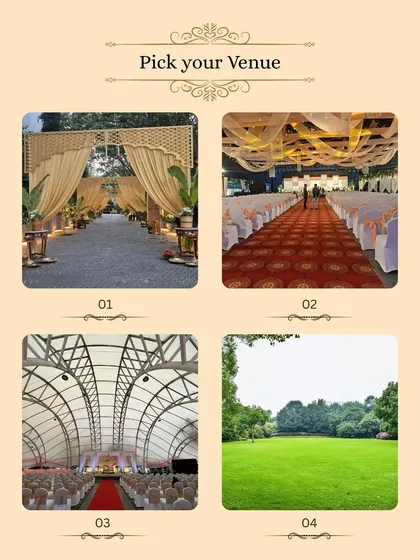 Choosing the right venue is the first step. We can help you find the perfect location for your event, whether it's a grand convention hall, an elegant outdoor lawn, or a beautiful resort.