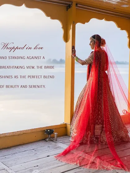 Wrapped in love and standing against a breathtaking view, the bride shines as the perfect blend of beauty and serenity. This traditional red Tarun Tahiliani lehenga was chosen to create a timeless and powerful bridal statement.