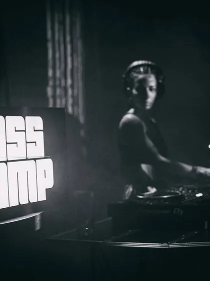 The iconic Bass Camp light box next to me on stage. It's a symbol of a community that has been pushing the boundaries of sound in India for years.