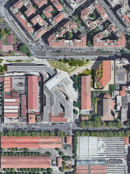 The masterplan for the MAXXI project, showing the new building and the reconfigured public landscape that connects it to the main museum.