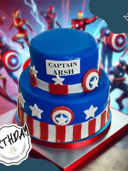 A two-tier Captain America cake for "Captain Arsh." The bold design features the iconic shield and American flag stripes, perfect for a patriotic superhero fan.