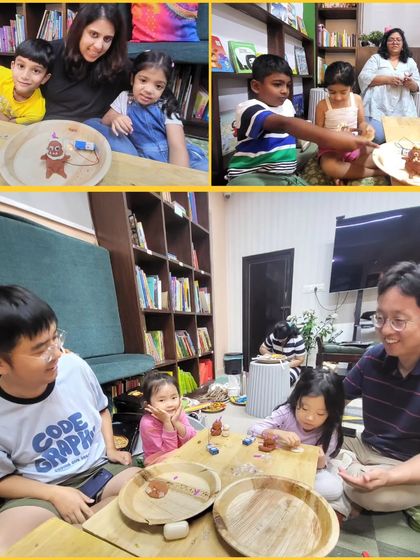More moments of shared creativity from our Gruffalo event. This collage shows families bonding over the hands-on activities, surrounded by the warm, book-filled environment of our store.