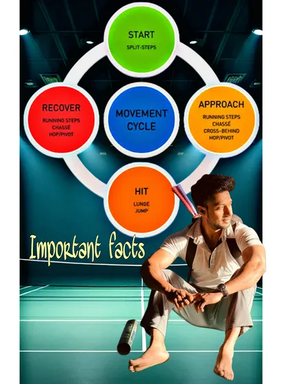 This graphic breaks down the badminton movement cycle: Start, Approach, Hit, and Recover. Understanding and mastering this cycle is fundamental to improving speed, court coverage, and stamina.