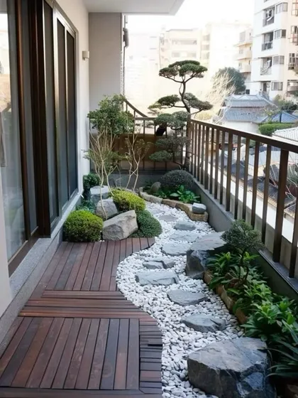 A perfect zen garden retreat, right on your balcony. We combined natural wood decking with a winding pebble pathway and carefully placed bonsai and shrubs to create this peaceful escape from the city buzz.