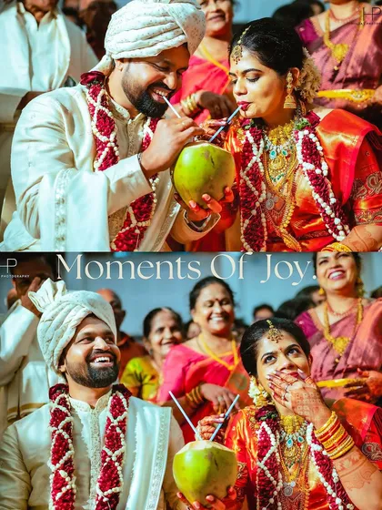 Capturing the fun, unscripted moments is my specialty. This candid shot of the couple sharing a coconut during their wedding ceremony is a perfect example of the real, joyful memories I aim to preserve.