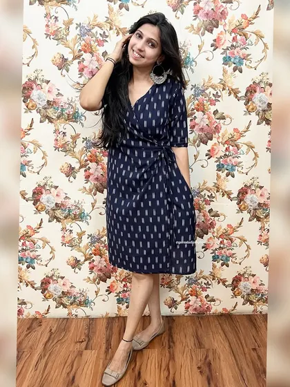 Here is my classic Angrakha dress in a beautiful blue handloom Ikat. The wrap style is so flattering, and it truly embodies the "Rooted in Tradition, Styled for Today" philosophy that I pour into my work.