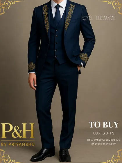 A detailed shot showing the texture of the Italian fabric and the precise stitching of the royal blue suit.
