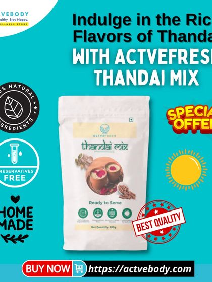 Indulge in the rich flavors of Thandai with our Actvefresh Thandai Mix. This image highlights its homemade, preservative-free, and 100% natural ingredients, perfect for a refreshing summer drink.