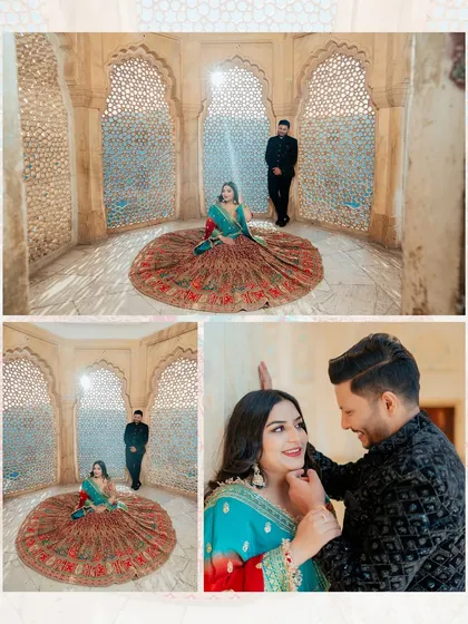 More moments from Ishant and Saloni's shoot, highlighting the intricate jali windows and the beautiful light they create for portraits.