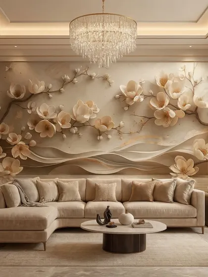 A beautiful 5D floral wallpaper with soft, neutral-toned flowers. The embossed texture and gentle color palette create a serene and sophisticated atmosphere.