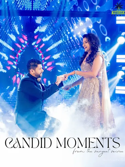 A candid proposal moment on the Sangeet stage, surrounded by dry ice for a 'dancing on clouds' effect. It's these romantic gestures that make the night special.
