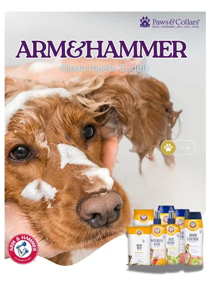Where clean meets cuddly. This heartwarming bath time moment features the Arm & Hammer pet care collection, which uses the natural power of baking soda for gentle yet effective grooming, keeping your pet's coat shiny and odor-free.