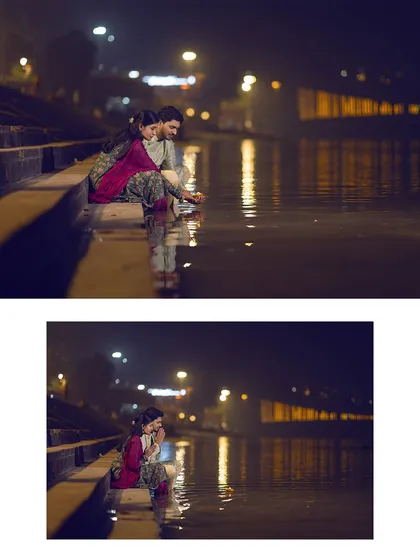 Raat ka andhera, Ganga ji ka kinara, aur ek chota sa diya. Sometimes, the most powerful moments are the quietest. This shot is all about capturing that peaceful, spiritual connection between two people against the beautiful backdrop of the ghats at night.
