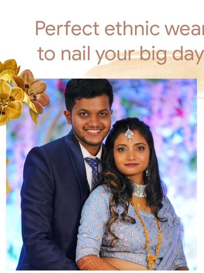 A classic and elegant pairing. The groom's navy blue suit complements the bride's soft blue embroidered lehenga, making them look perfect together for their big day.