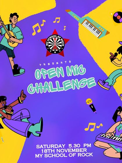 A fun, illustrated poster for Open Mic Challenge 70, appealing to a wide range of young, creative artists.