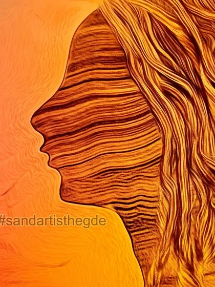 A sand art piece created for Women's Day, with a caption in Kannada honoring women. The image uses horizontal lines to create a unique texture within the silhouette.