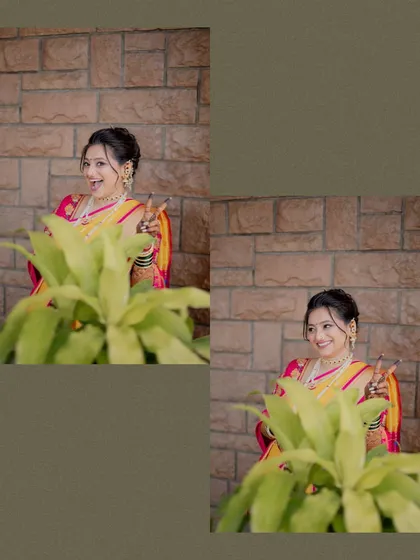 A two-photo collage of the bride peeking playfully from behind a plant, capturing her fun-loving spirit.
