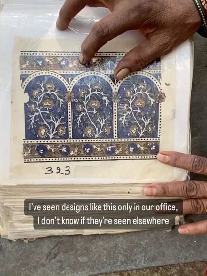 Our senior artisan Banu shares rare glimpses into our vintage design books. These patterns, inspired by architectural structures like arches and pillars, are often used as beautiful borders for our custom sarees.