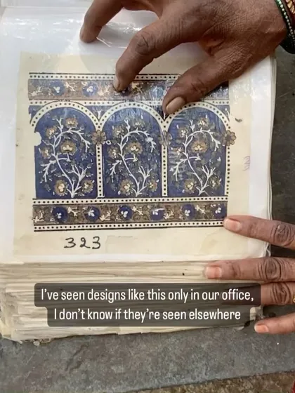 Our senior artisan Banu shares rare glimpses into our vintage design books. These patterns, inspired by architectural structures like arches and pillars, are often used as beautiful borders for our custom sarees.