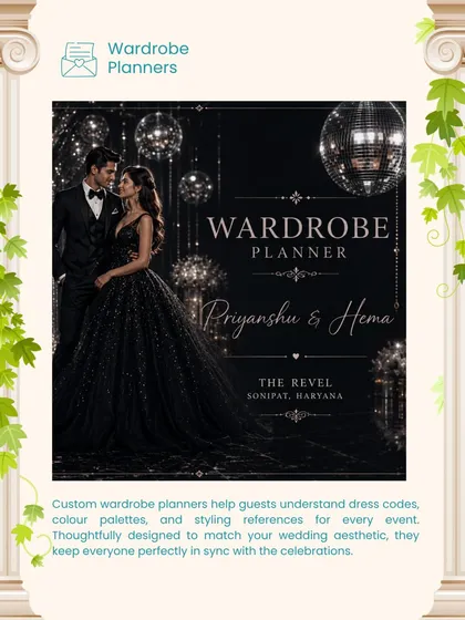 A custom wardrobe planner helps guests understand the dress code for each event. This sleek black and silver planner for Priyanshu and Hema matched their glamorous 'Revel' event perfectly.
