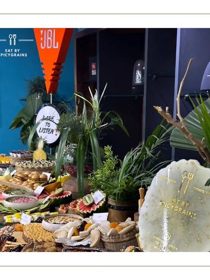 A shot of our grazing table at a JBL corporate event, showcasing our branded elements and a spread that's as high-energy as the brand itself.