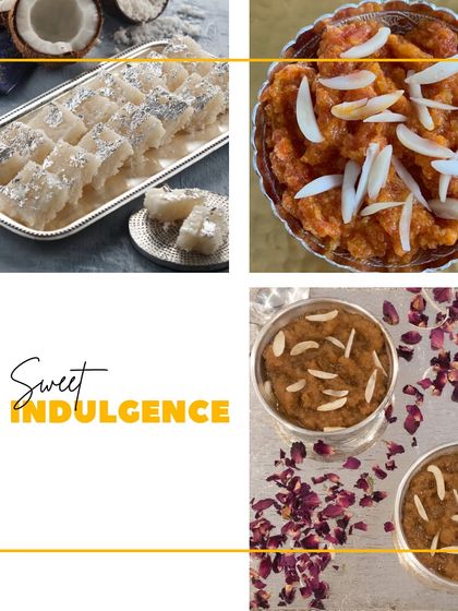 A trio of our most indulgent sweets. This collage features our rich Dal Badam Halwa, classic Gajar Ka Halwa, and traditional Nariyal Ki Chakki.