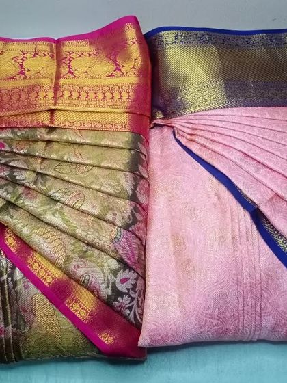 Don't let the fear of draping keep your beautiful sarees in the closet. This image shows two different silk sarees, both transformed and ready to wear.