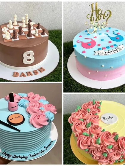 Another collage of our custom designs, showing our range from a chess cake to a gender reveal cake.