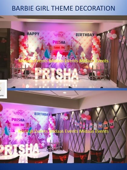 This image shows the Barbie theme from different angles, including the decorated guest tables with matching chair sashes. I ensure every part of the venue reflects the chosen theme for a complete experience.