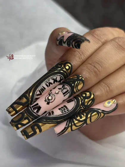 A close-up of the clock-themed nails, focusing on the central design with its tiny, jewel-accented hands.
