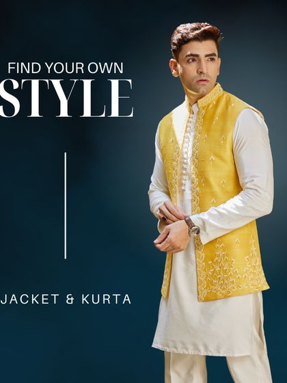 A graphic showcasing the jacket and kurta combination, featuring a festive yellow embroidered jacket perfect for a Haldi or Mehendi.